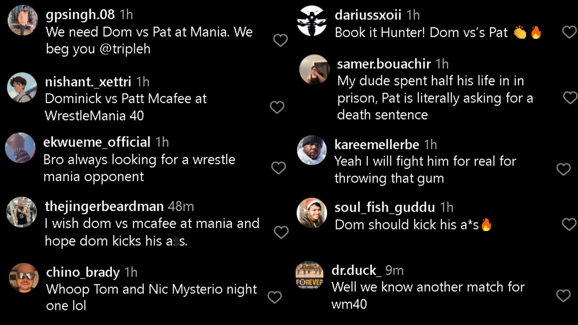 A screengrab of comments on WWE's Instagram post.